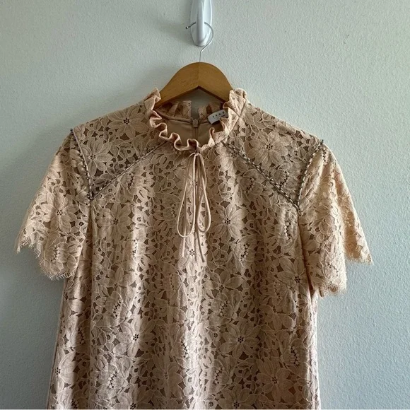 Sandro Peach High Neck Lace Rhinestones Cocktail Mini Dress size 40/ US4 - Picture 8 of 16